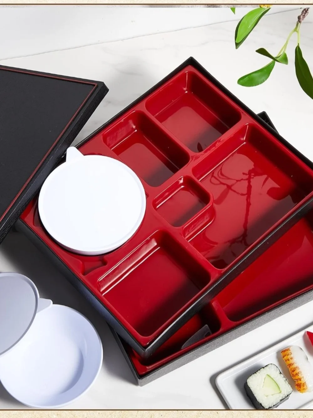 Compartment Bento Container - Black with Red Interior New